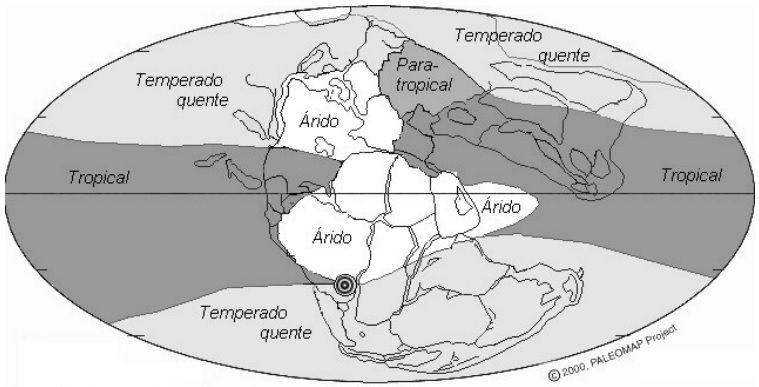 Mapa paleoclimático do Triássico Superior, obtido a partir de depósitos climaticamente sensíveis, com posição do sul do Brasil na época (círculo)