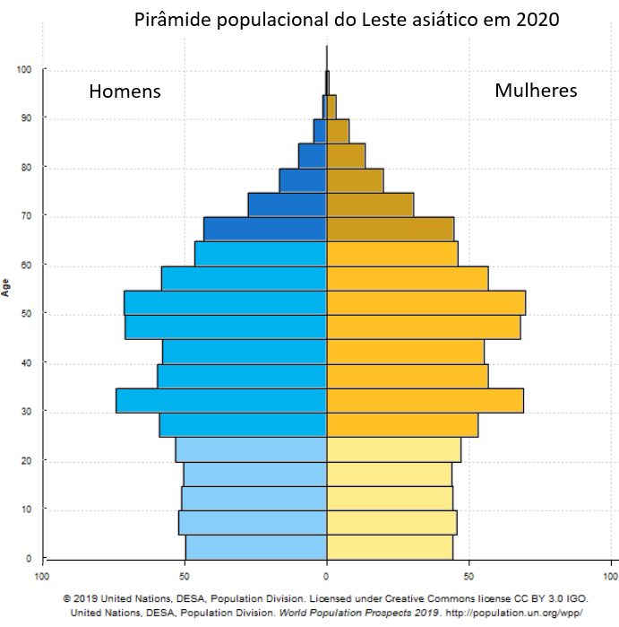 pirâmide populacional do Leste asiático em 2020