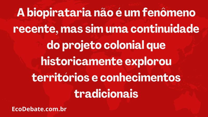 A biopirataria não é um fenômeno recente, mas sim uma continuidade do projeto colonial que historicamente explorou territórios e conhecimentos tradicionais